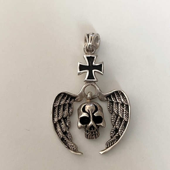 925 Silver skull angel wings pendant iron cross unisex - Picture 4 of 6